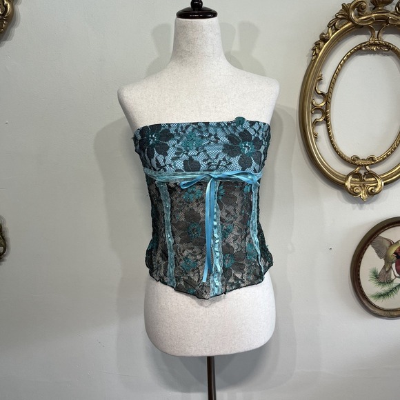 Deco USA Tops - Vintage Deco USA Teal & Black Floral Lace Tube Top - Size Small